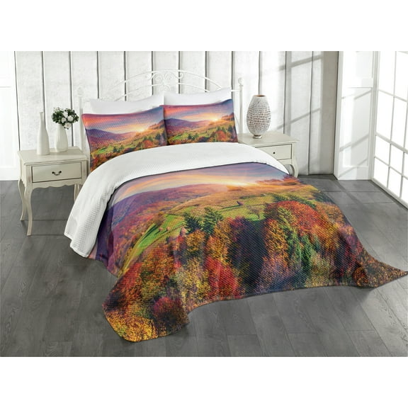 Ambesonne Autumn Quilted Bedspread Set 3 Pcs, Morning in Mountain Tree, Queen Size, Red Purple Green