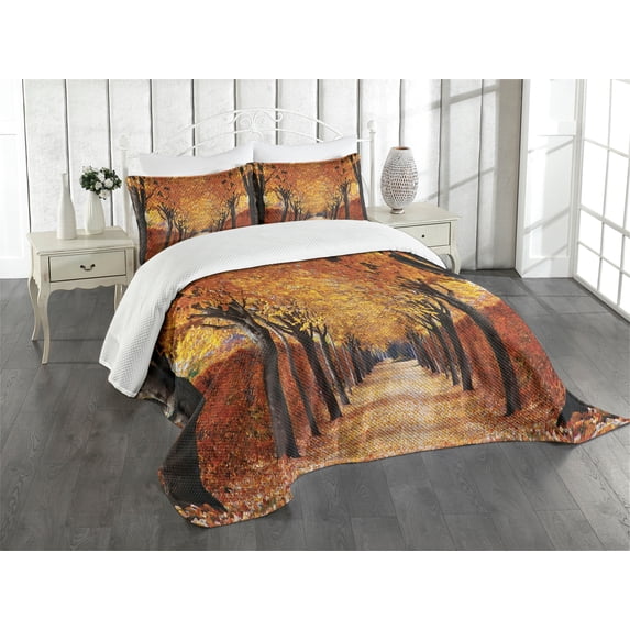 Ambesonne Autumn Quilted Bedspread Set 3 Pcs, Pathway in the Woods, King Size, Orange Brown