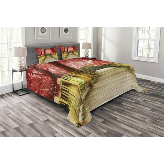 Ambesonne Autumn Quilted Bedspread Set 3 Pcs, Rustic Wooden Walkway, King Size, Vermilion and Pale Brown
