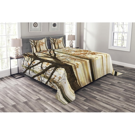 Ambesonne Autumn Quilted Bedspread Set 3 Pcs, Tree in Abstract Woods, Queen Size, Orange Brown
