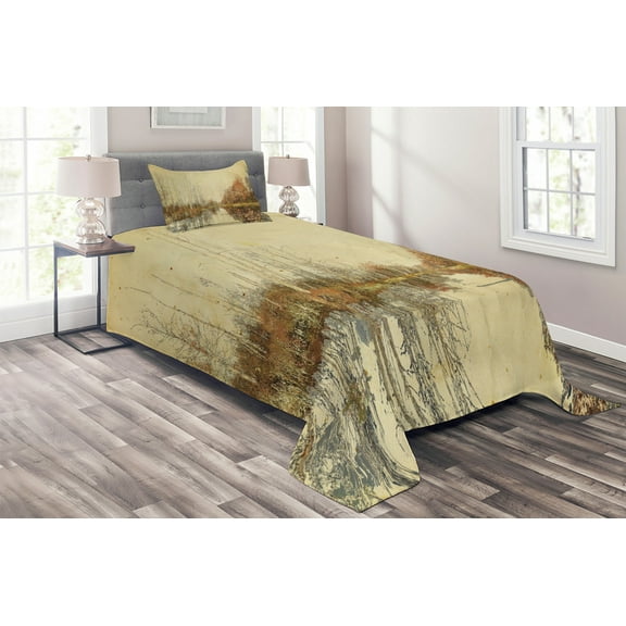 Ambesonne Autumn Quilted Coverlet 2 Pcs, Colorful Fallen Leaves, Twin Size, Multicolor