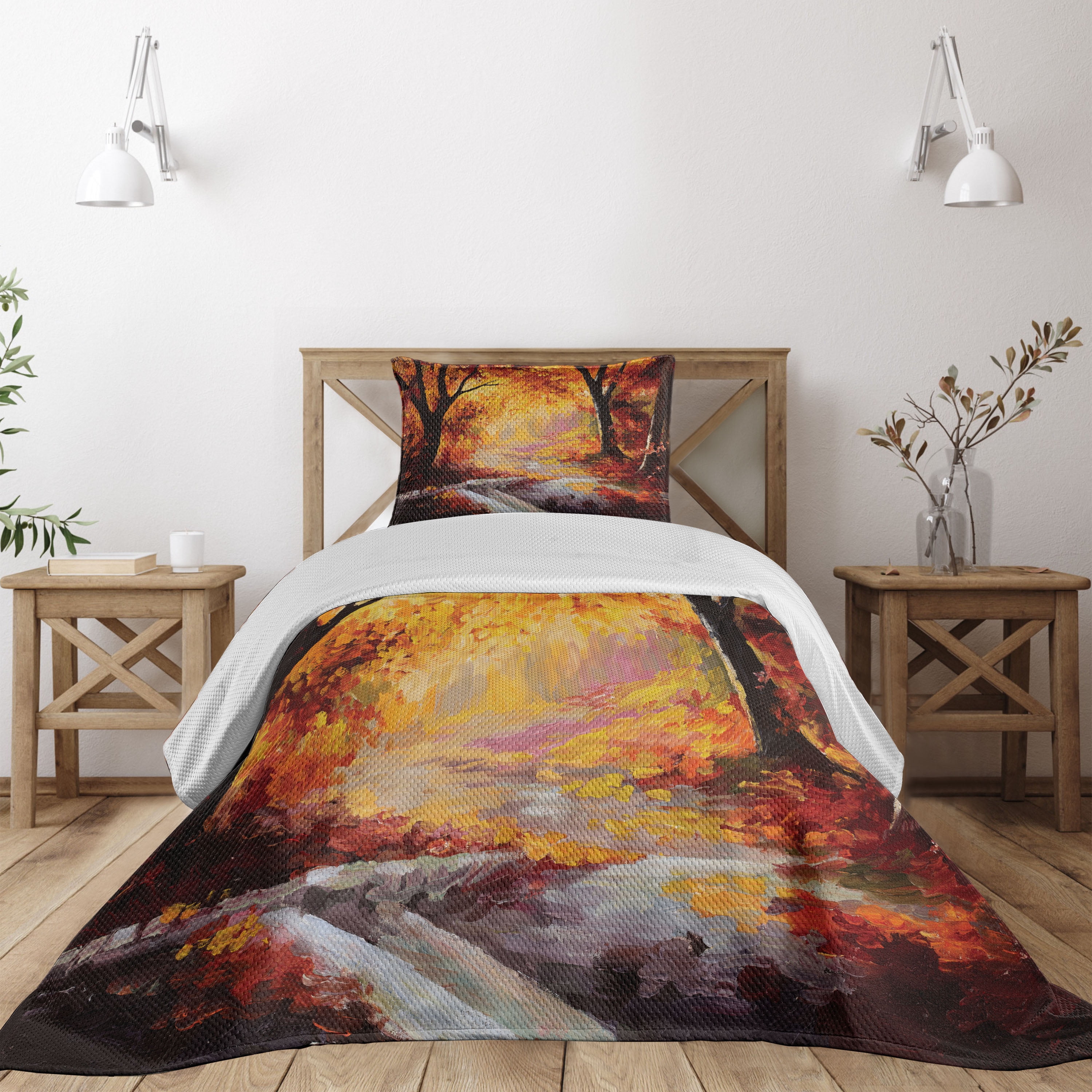 Autumn Forest Twin Quilted Bedspread Set with Pillow Sham