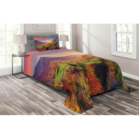 Ambesonne Autumn Quilted Coverlet 2 Pcs, Morning in Mountain Tree, Twin Size, Red Purple Green