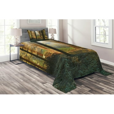 Ambesonne Autumn Quilted Coverlet 2 Pcs, Sunset Dark Pine Trees, Twin Size, Orange Green