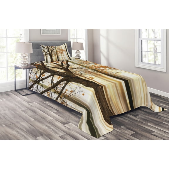 Ambesonne Autumn Quilted Coverlet 2 Pcs, Tree in Abstract Woods, Twin Size, Orange Brown