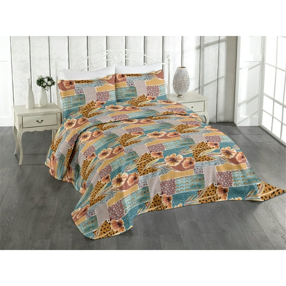 Ambesonne Autumn Quilted Coverlet 2 Pcs, Watercolor Dahlia Pattern, Twin Size, Pale Blue Grey and Orange