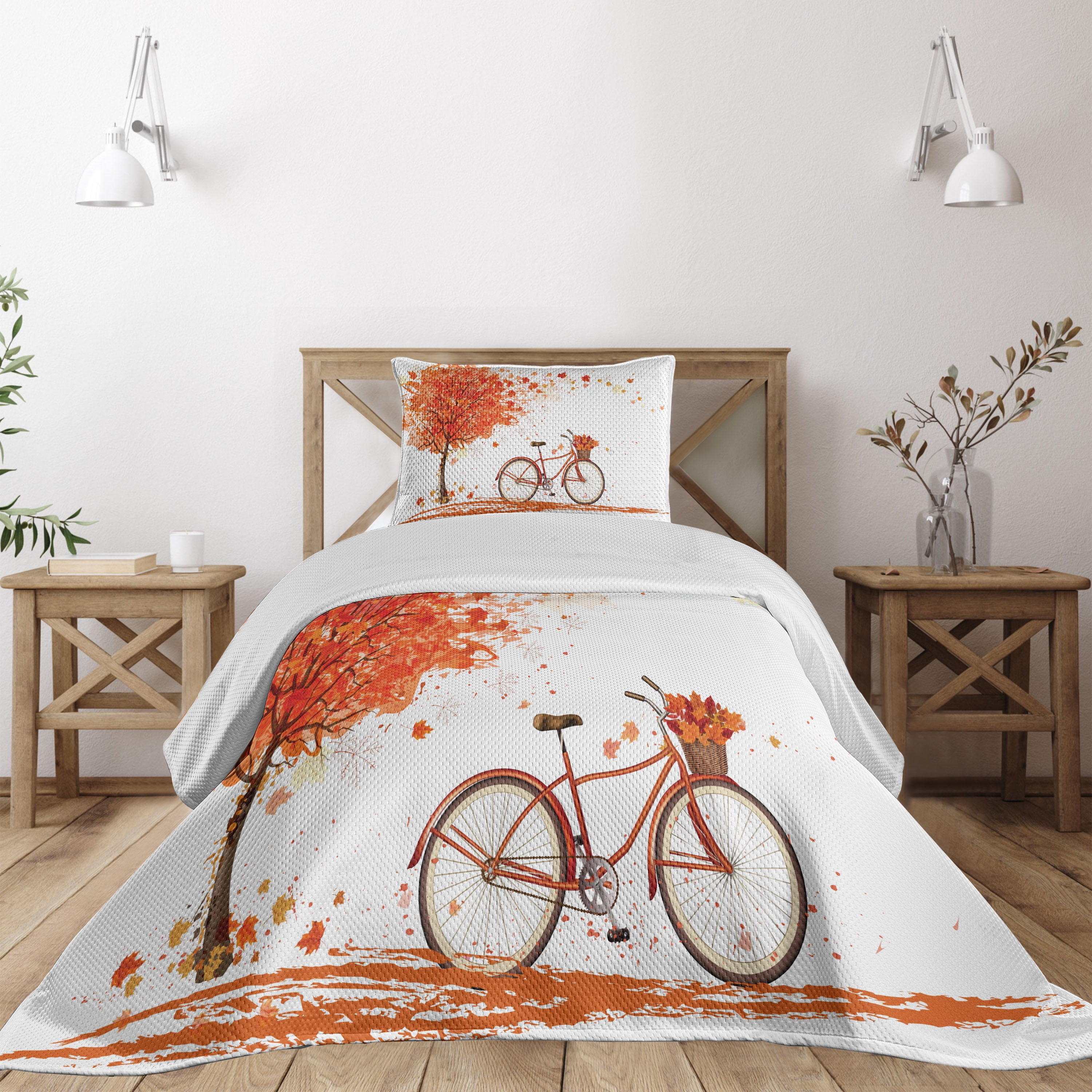 Twin White Quilted Bedspread Set with Autumn Design