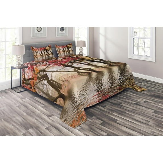 Ambesonne Autumn Quilted Coverlet 3 Pcs, Fall Season River with Trees, King Size, Brown and Magenta