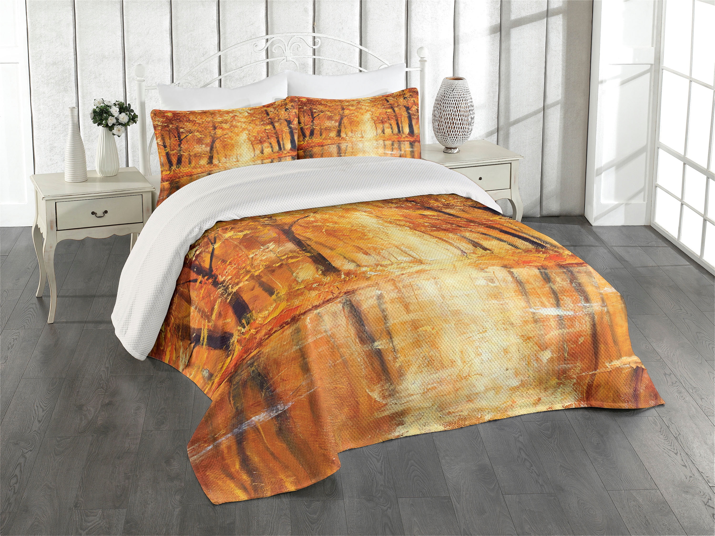 Autumn Forest Lake Quilted King Bedspread Set in Brown