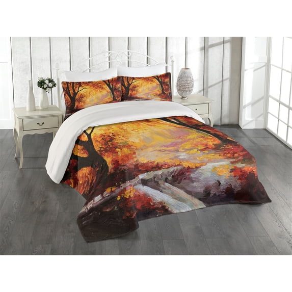 Ambesonne Autumn Quilted Coverlet 3 Pcs, Forest Trees Leaves, King Size, Orange Brown