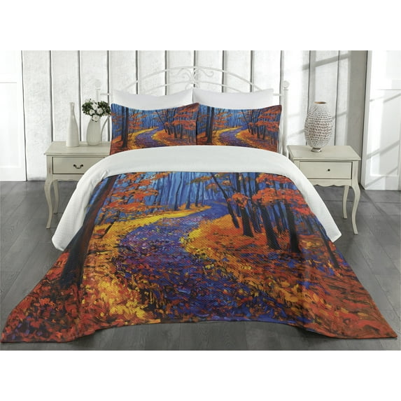 Ambesonne Autumn Quilted Coverlet 3 Pcs, Forest in Fall Season, King Size, Orange Navy