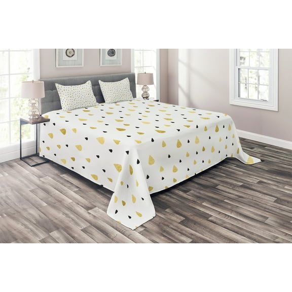 Ambesonne Autumn Quilted Coverlet 3 Pcs, Raindrops Glimmer, King Size, Mustard Black White