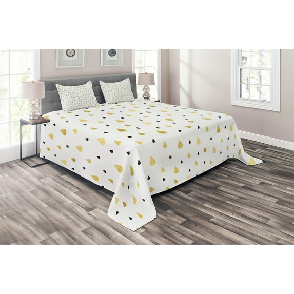 Ambesonne Autumn Quilted Coverlet 3 Pcs, Raindrops Glimmer, King Size, Mustard Black White