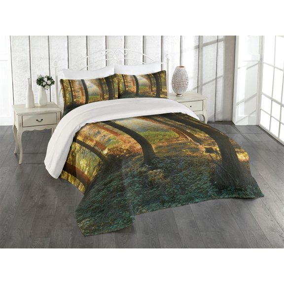 Ambesonne Autumn Quilted Coverlet 3 Pcs, Sunset Dark Pine Trees, Queen Size, Orange Green