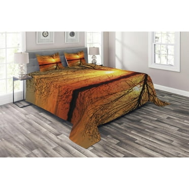 Ambesonne Autumn Quilted Coverlet 3 Pcs, Sunset View with Trees, Queen Size, Orange Black