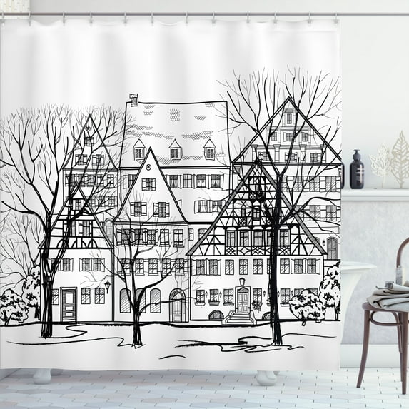 Ambesonne Autumn Shower Curtain, European Town Street, 69"Wx70"L, Black White