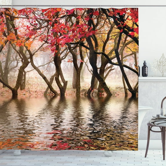 Ambesonne Autumn Shower Curtain, Fall Season River with Trees, 69"Wx84"L, Brown and Magenta