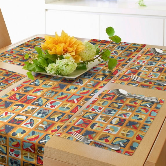 Ambesonne Autumn Table Runner & Placemats, Abstract Mushroom Art, Placemat 4 pcs + Runner 16"x72", Dark Pink Marigold