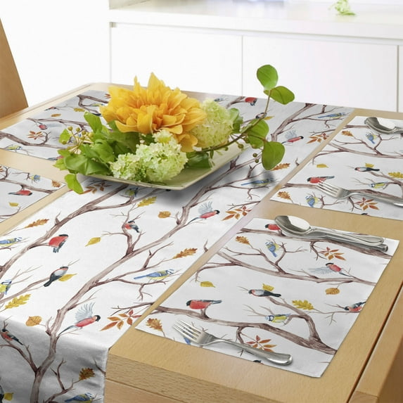 Ambesonne Autumn Table Runner & Placemats, Birds on a Tree Art Design, Placemat 4 pcs + Runner 16"x90", Dark Peach and Multicolor