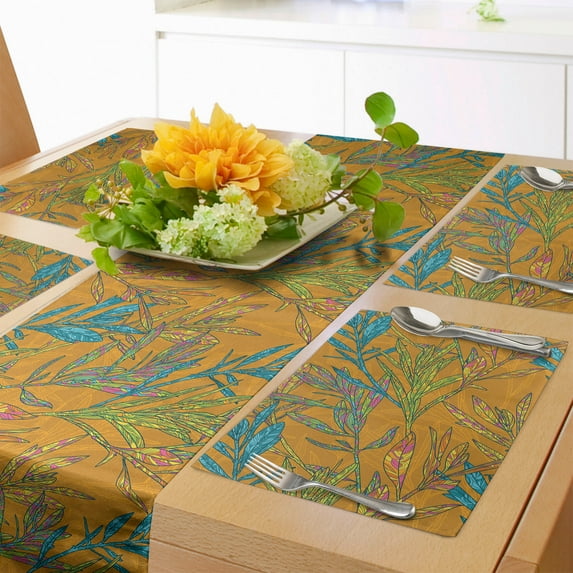 Ambesonne Autumn Table Runner & Placemats, Botanical Leaves Art, Placemat 4 pcs + Runner 16"x90", Yellow and Multicolor