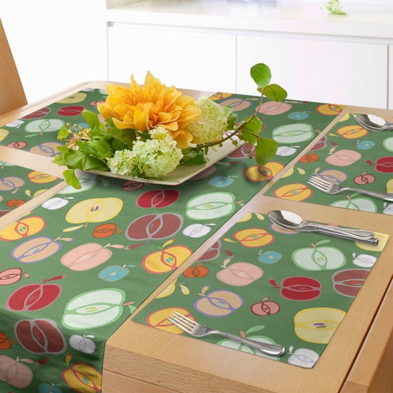 Ambesonne Autumn Table Runner & Placemats, Colorful Apple Doodle Design, Placemat 4 pcs + Runner 16"x90", Reseda Green Multicolor