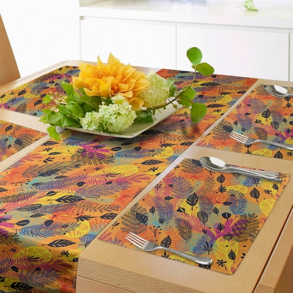 Ambesonne Autumn Table Runner & Placemats, Colorful Sketchy Plantation, Placemat 4 pcs + Runner 16"x72", Marigold and Multicolor