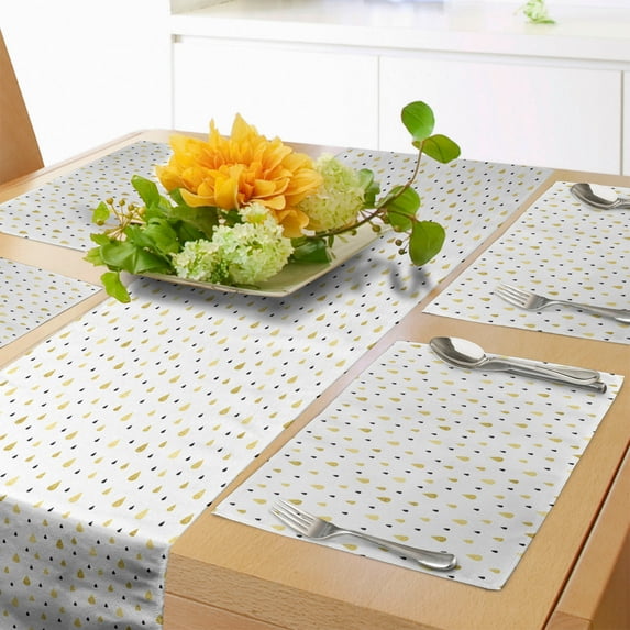 Ambesonne Autumn Table Runner & Placemats, Raindrops Glimmer, Placemat 4 pcs + Runner 12"x90", Mustard Black White