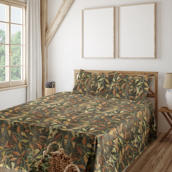 Ambesonne Autumn Themed Fitted & Flat Sheet with Shams 4 Pcs Set, Fall Leaves Pattern, Calking, Apple Green Pale Coffee