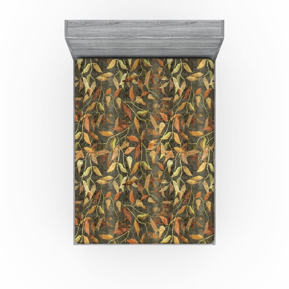 Ambesonne Autumn Themed Fitted Sheet, Fall Leaves Pattern, Queen Size, Apple Green Pale Coffee