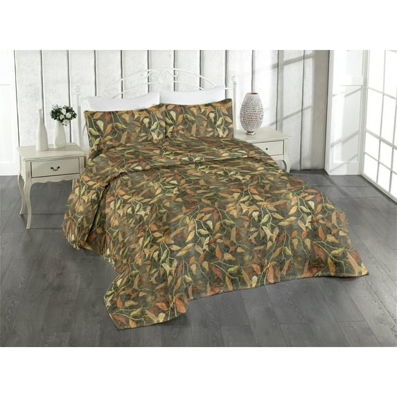 Ambesonne Autumn Themed Quilted Bedspread Set 3 Pcs, Fall Leaves Pattern, King, Apple Green Pale Coffee