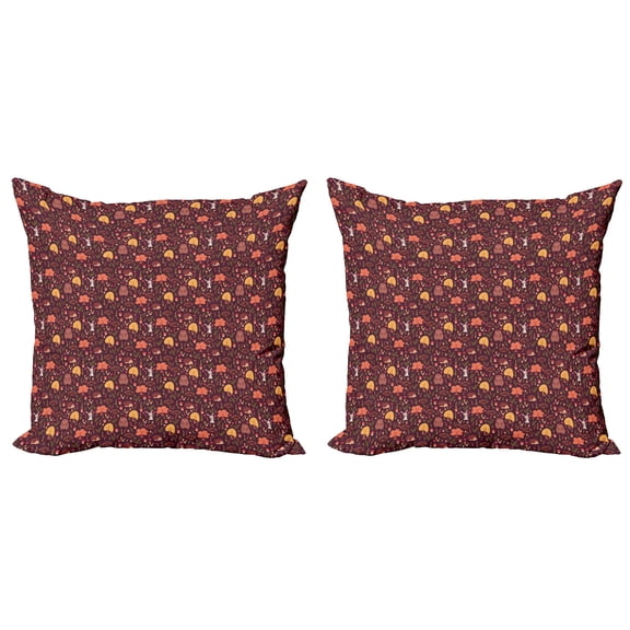 Ambesonne Autumn Throw Pillow Cover 2 Pack, Bear Hedgehog Rabbit Design, 16", Maroon and Multicolor