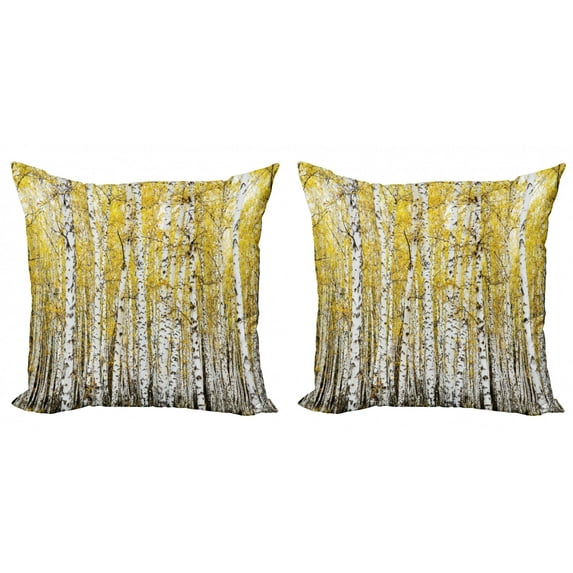 Ambesonne Autumn Throw Pillow Cover 2 Pack, Forest Golden Leaves, 20", Yellow Grey