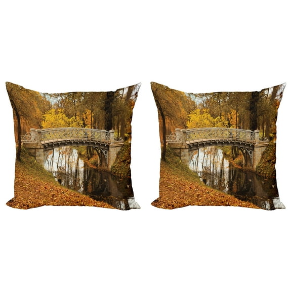 Ambesonne Autumn Throw Pillow Cover 2 Pack, Old Bridge in Fall Forest, 20", Multicolor