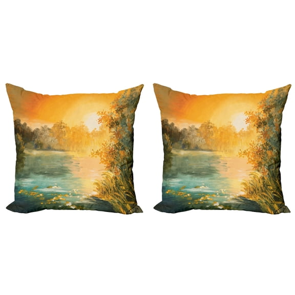 Ambesonne Autumn Throw Pillow Cover 2 Pack, Retro Lake Scenery Art, 16", Green Orange Blue