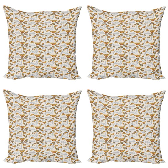 Ambesonne Autumn Throw Pillow Cover 4 Pack, Butterfly Leaves Dragonfly, 24", Eggshell and Marigold