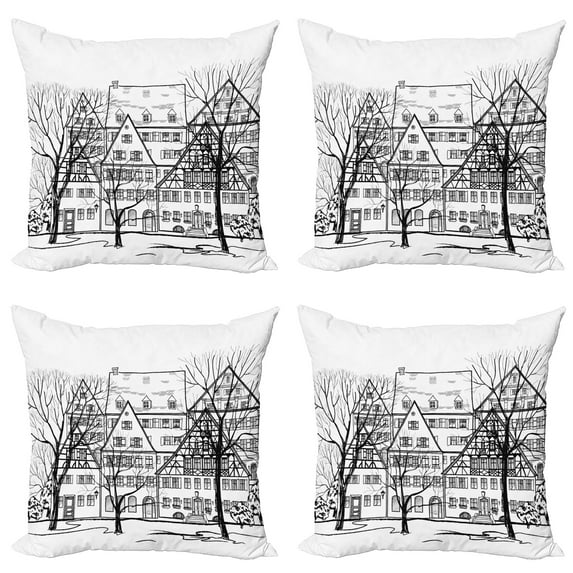 Ambesonne Autumn Throw Pillow Cover 4 Pack, European Town Street, 20", Black White