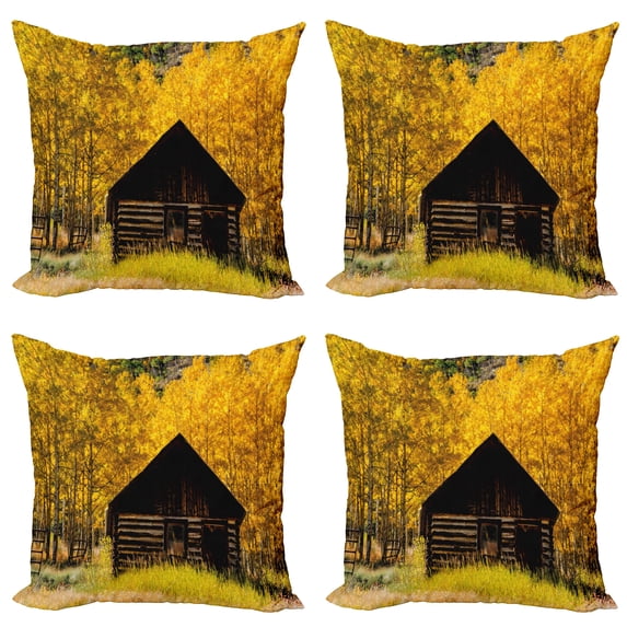 Ambesonne Autumn Throw Pillow Cover 4 Pack, Landscape Cottage Grunge, 16", Yellow and Brown
