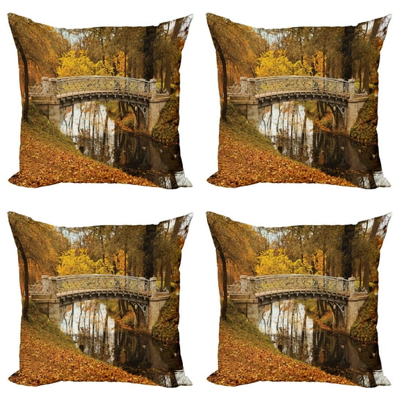 Ambesonne Autumn Throw Pillow Cover 4 Pack, Old Bridge in Fall Forest, 20", Multicolor