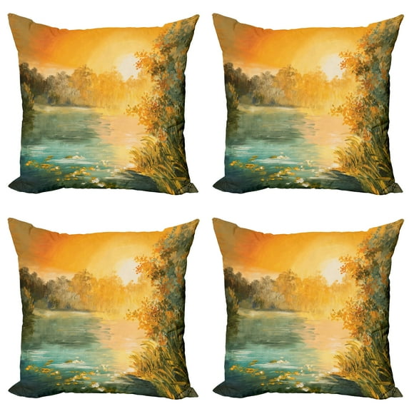 Ambesonne Autumn Throw Pillow Cover 4 Pack, Retro Lake Scenery Art, 20", Green Orange Blue