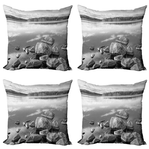 Ambesonne Autumn Throw Pillow Cover 4 Pack, Rock in Lake Shore, 18", Black White