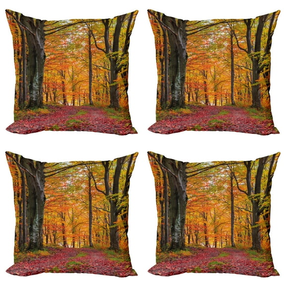 Ambesonne Autumn Throw Pillow Cover 4 Pack, Shady Deciduous Trees, 18", Apricot Brown Red