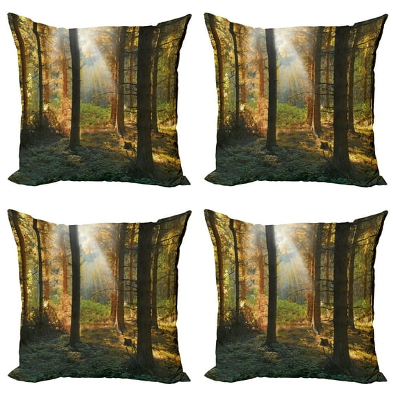 Ambesonne Autumn Throw Pillow Cover 4 Pack, Sunset Dark Pine Trees, 18", Orange Green