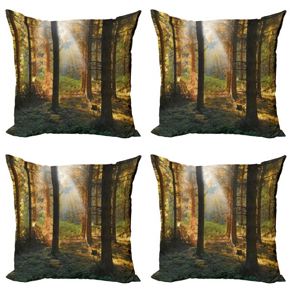 Ambesonne Autumn Throw Pillow Cover 4 Pack, Sunset Dark Pine Trees, 20", Orange Green