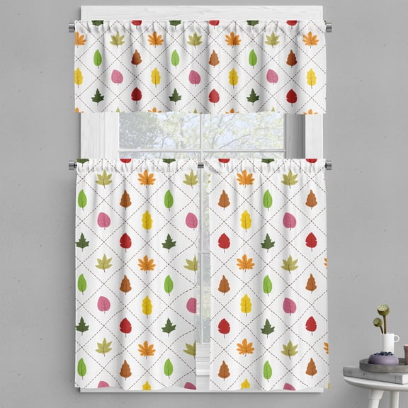 Ambesonne Autumn Valance & Curtain, Colorful Leaves Dashes Art, 55"x45", Orange Olive Green and White