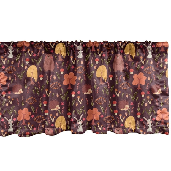 Ambesonne Autumn Valance Pack of 2, Bear Hedgehog Rabbit Design, 54"X18", Maroon and Multicolor