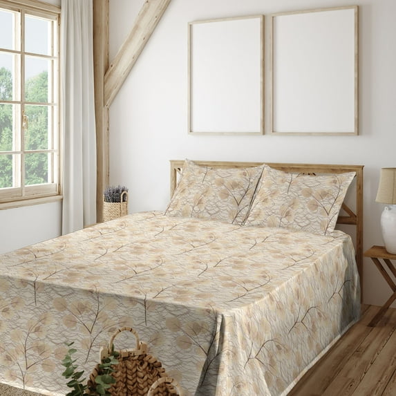 Ambesonne Autumn Vibes Fitted & Flat Sheet with Shams 4 Pcs Set, Fall Swirling Leaves, Queen, Eggshell Beige Pale Sepia