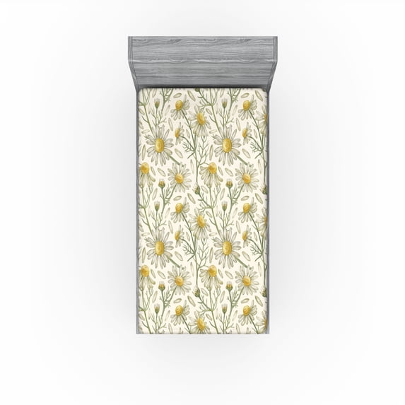 Ambesonne Autumn Vibes Fitted Sheet, Leafy Daisy Flowers, Twin XL Size, Eggshell Reseda Green