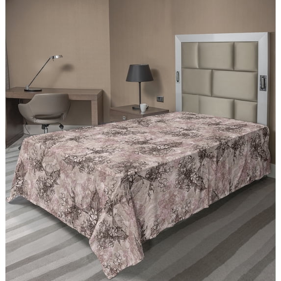 Ambesonne Autumn Vibes Flat Bedding Sheet Soft Top Sheet, Leaves Asian Style, Twin XL, Pale Rose Dark Taupe