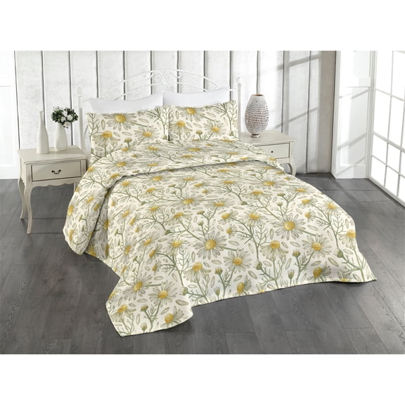 Ambesonne Autumn Vibes Quilted Bedspread Set 3 Pcs, Leafy Daisy Flowers, King, Eggshell Reseda Green