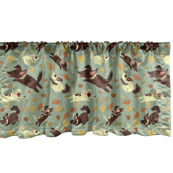 Ambesonne Autumn Window Valance, Cartoon Puppies Playing Art, 42" x 12", Almond Green and Multicolor